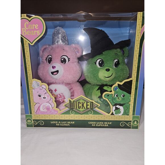 Wicked X Care Bears PLUSH SE T of 2 Love-a-Lot Glinda & Good Luck Elphaba NEW - Picture 1 of 2
